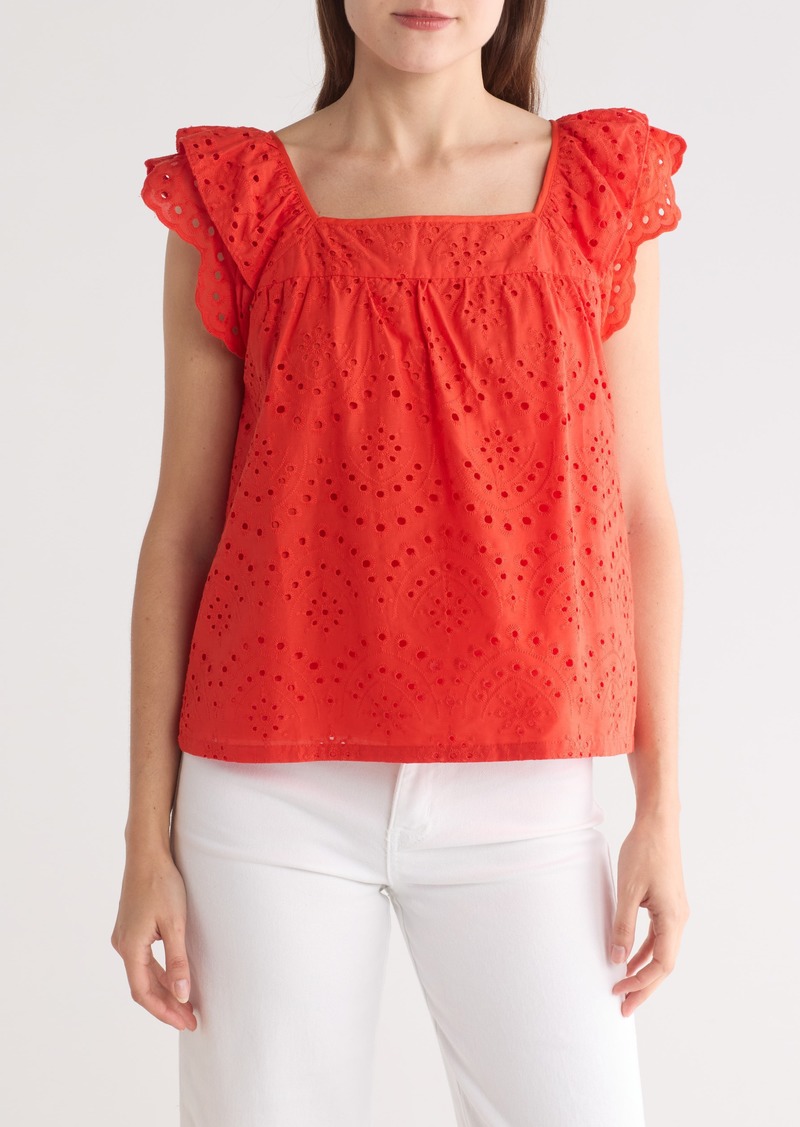 Sanctuary Solana Embroidered Eyelet Flutter Sleeve Top in Tart Red at Nordstrom Rack
