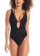 Sanctuary Women's Twice As Nice Plunging Double Layer One Piece Swimsuit - Shimmer Black/chocolate