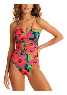 Sanctuary Womens Floral Print Shirred One-Piece Swimsuit