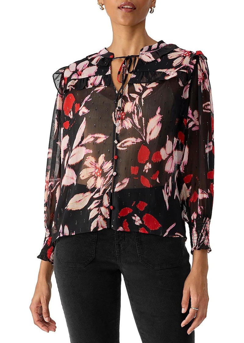 Sanctuary Womens Floral Print Tie Neck Button-Down Top