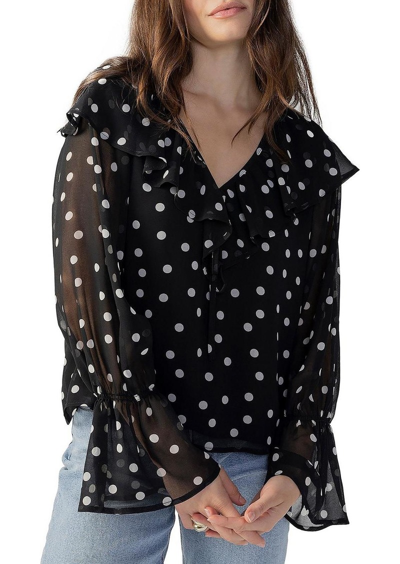 Sanctuary Womens Polka Dot Ruffle Neck Blouse