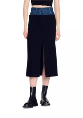 Sandro Dual-Material Denim and Tweed Skirt