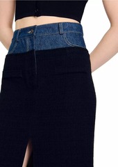 Sandro Dual-Material Denim and Tweed Skirt