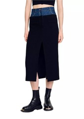 Sandro Dual-Material Denim and Tweed Skirt