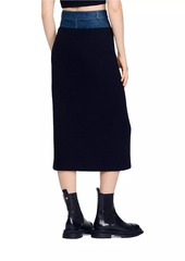 Sandro Dual-Material Denim and Tweed Skirt