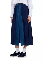 Sandro Dual Material Denim Pleated Skirt