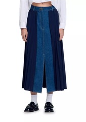 Sandro Dual Material Denim Pleated Skirt