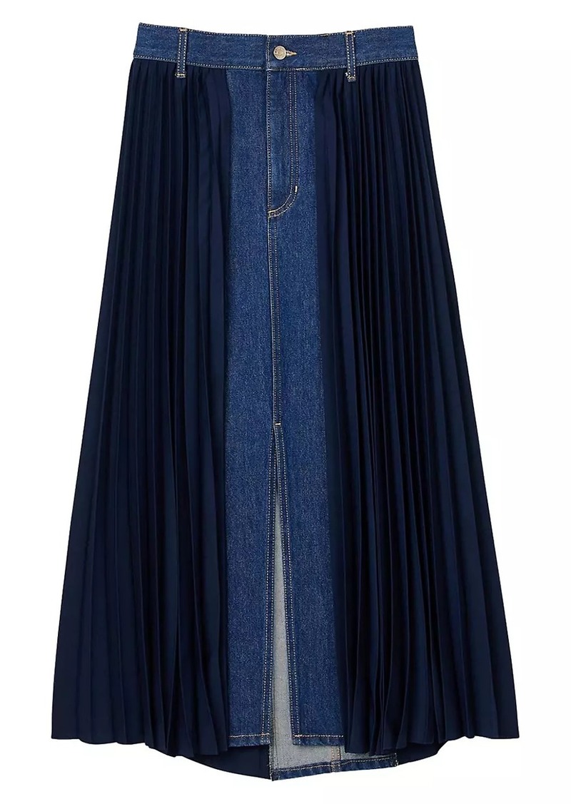 Sandro Dual Material Denim Pleated Skirt