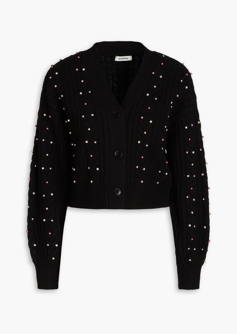 Sandro - Cropped faux pearl-embellished cable-knit wool cardigan - Black - 1