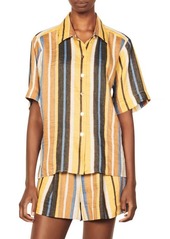 sandro Bronx Stripe Linen Blend Camp Shirt in Yellow/Black/Brown at Nordstrom