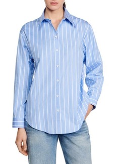 sandro Davie Stripe Lace Accent Open Back Cotton Button-Up Shirt