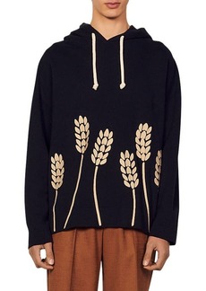 sandro Embroidered Wheat Hoodie in Navy Blue at Nordstrom