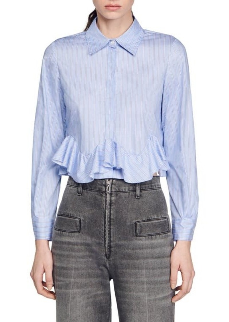 sandro Estela Stripe Ruffle Trim Cotton Button-Up Shirt