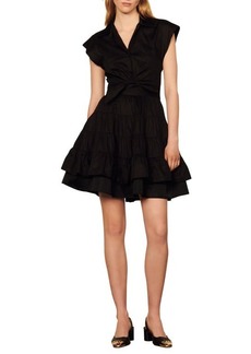 sandro Fifi Tiered Ruffle Cotton Dress in Black at Nordstrom