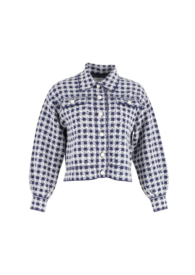 Sandro Jayce Checked Tweed Cropped Jacket in Blue and White Cotton