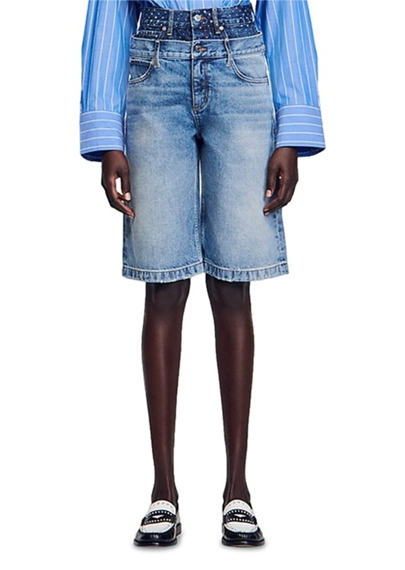 Sandro Kitten High Waist Bermuda Jean Shorts in Blue Jean