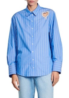 sandro Lovely Heart Cutout Stripe Button-Up Shirt