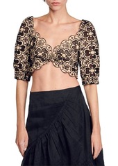 sandro Mathie Embroidered Eyelet Crop Top