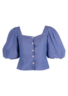 Sandro Mayan Puffed Sleeve Shirred Top in Blue Cotton