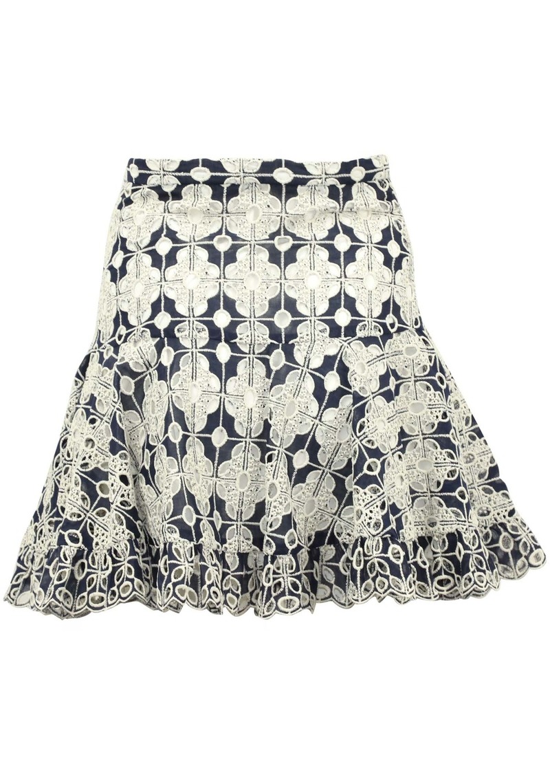 Sandro Paris Brone Broderie Anglaise Skirt in Navy Blue Cotton