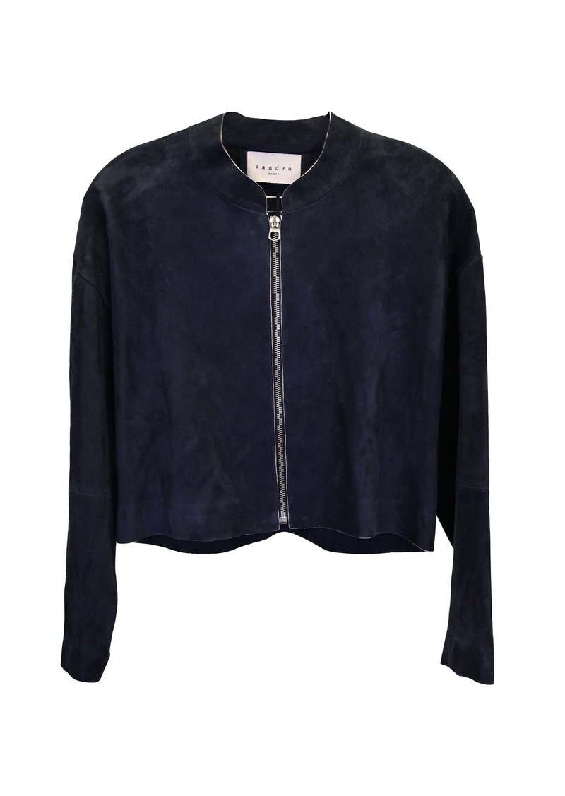 Sandro Paris Cutout Bomber Jacket in Navy Blue Goat Leather