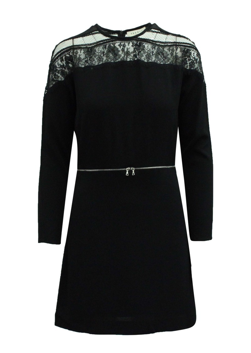 Sandro Paris Lace Shoulder Dress in Black Viscose