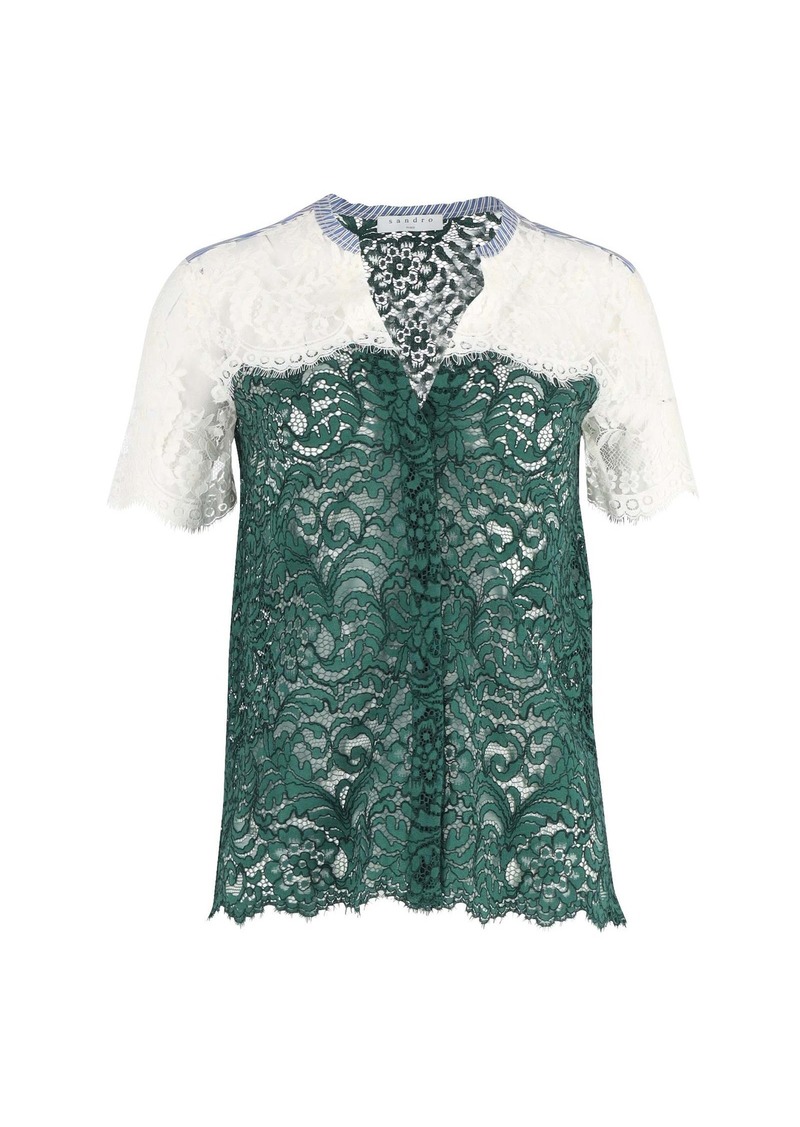 Sandro Paris Lace V-neck Buttoned Blouse in Green and White Polyester