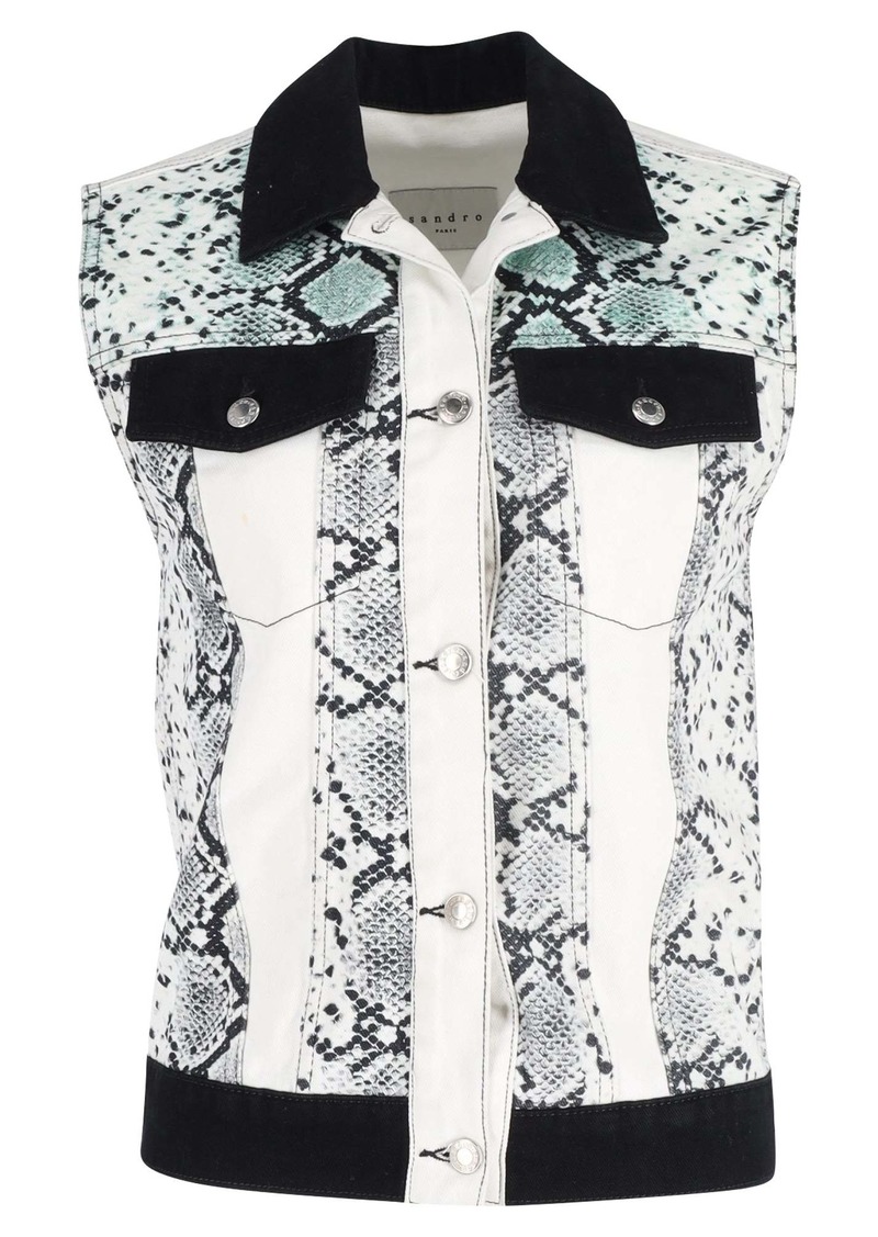 Sandro Paris Snake Print Vest in White Cotton Denim