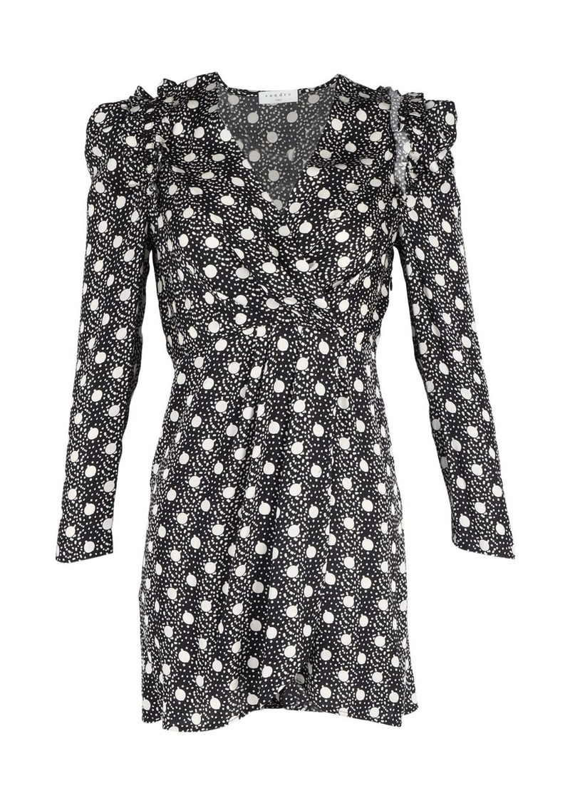 Sandro Polka-Dot Print Long-Sleeve Dress in Black Viscose