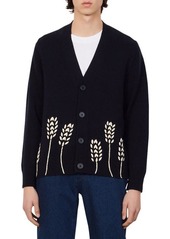 sandro Wheat Embroidered Wool Blend Cardigan in Navy Blue at Nordstrom