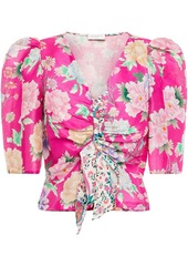 Sandro Woman Becky Cropped Floral-print Linen And Silk-blend Shantung Top Bright Pink