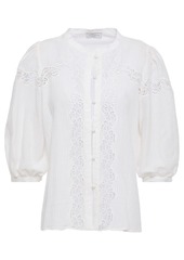 Sandro Woman Roza Guipure Lace-trimmed Striped Cotton-gauze Blouse Off-white