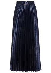 Sandro Woman Yoona Belted Pleated Metallic Satin Midi Skirt Navy
