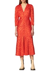 sandro Floral Jacquard Long Sleeve Silk Blend Dress in Red at Nordstrom