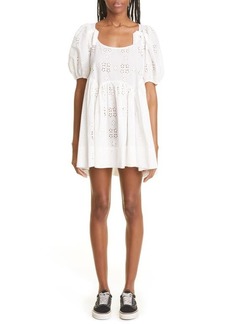 Sandy Liang Hugo Floral Eyelet Puff Sleeve Cotton Babydoll Dress in Eyelet White at Nordstrom