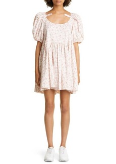 Sandy Liang Hugo Floral Print Puff Sleeve Cotton Babydoll Dress in Mini Rose Floral at Nordstrom