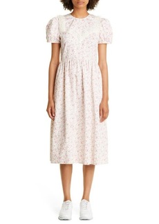 Sandy Liang Noche Floral Print Puff Sleeve Cotton Midi Dress in Mini Rose Floral at Nordstrom