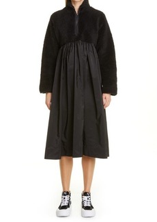 Sandy Liang Women's Downey Long Sleeve Fleece & Taffeta Dress in Black at Nordstrom