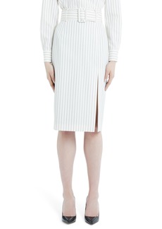 Sara Battaglia Belted Pinstripe Wool Pencil Skirt