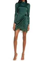 Saylor Quin Metallic Feather Trim Long Sleeve Satin Minidress in Evergreen at Nordstrom