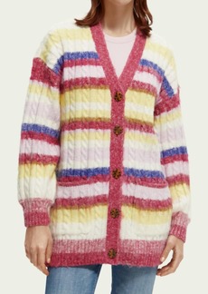 Scotch & Soda Brushed Mixed Stripe Mid Length Cardigan In Cherry Pie