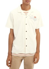 Scotch & Soda Embroidered Short Sleeve Terry Cloth Button-Up Camp Shirt in Denim White at Nordstrom