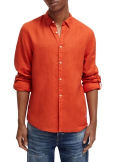 Scotch & Soda Linen Roll Sleeve Button-Down Shirt in Medium Red at Nordstrom Rack