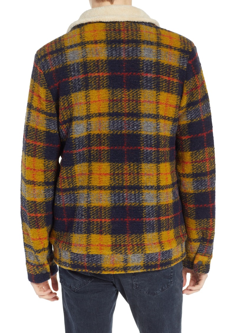 plaid faux shearling lined wool blend trucker jacket