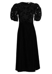 Sea Alice Embroidered Velvet Puff-Sleeve Midi-Dress