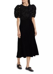 Sea Alice Embroidered Velvet Puff-Sleeve Midi-Dress