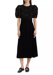 Sea Alice Embroidered Velvet Puff-Sleeve Midi-Dress