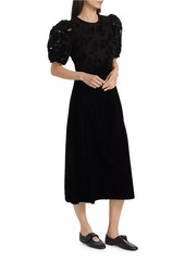 Sea Alice Embroidered Velvet Puff-Sleeve Midi-Dress