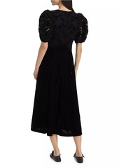 Sea Alice Embroidered Velvet Puff-Sleeve Midi-Dress