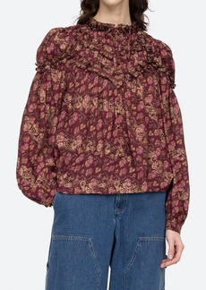 Sea Guilia Print Long Sleeve Button Down Top In Maroon